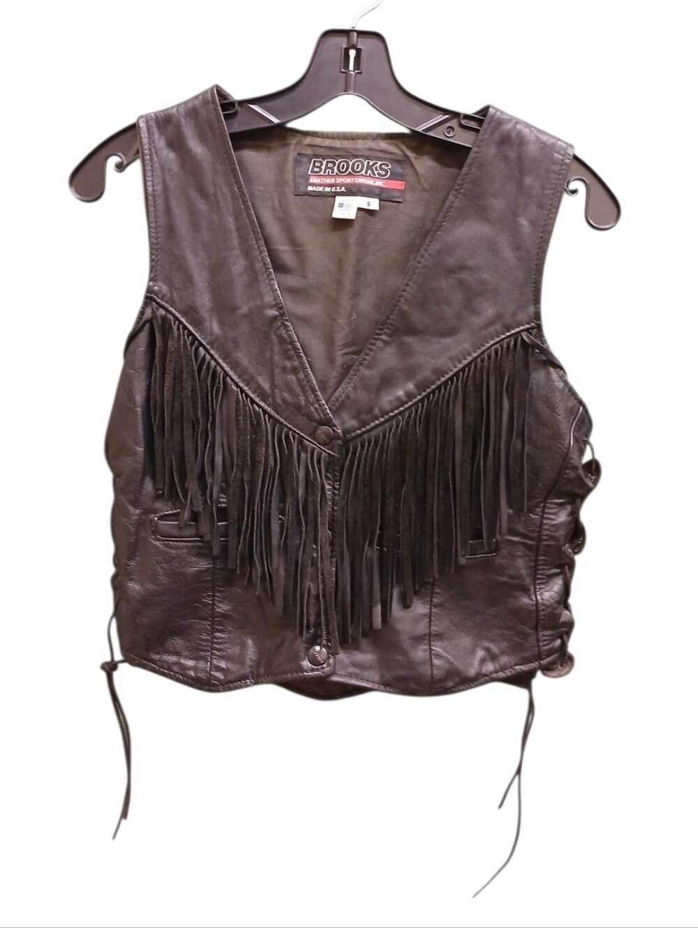 Brooks Vintage Black Leather Fringe Snap Vest Size Small